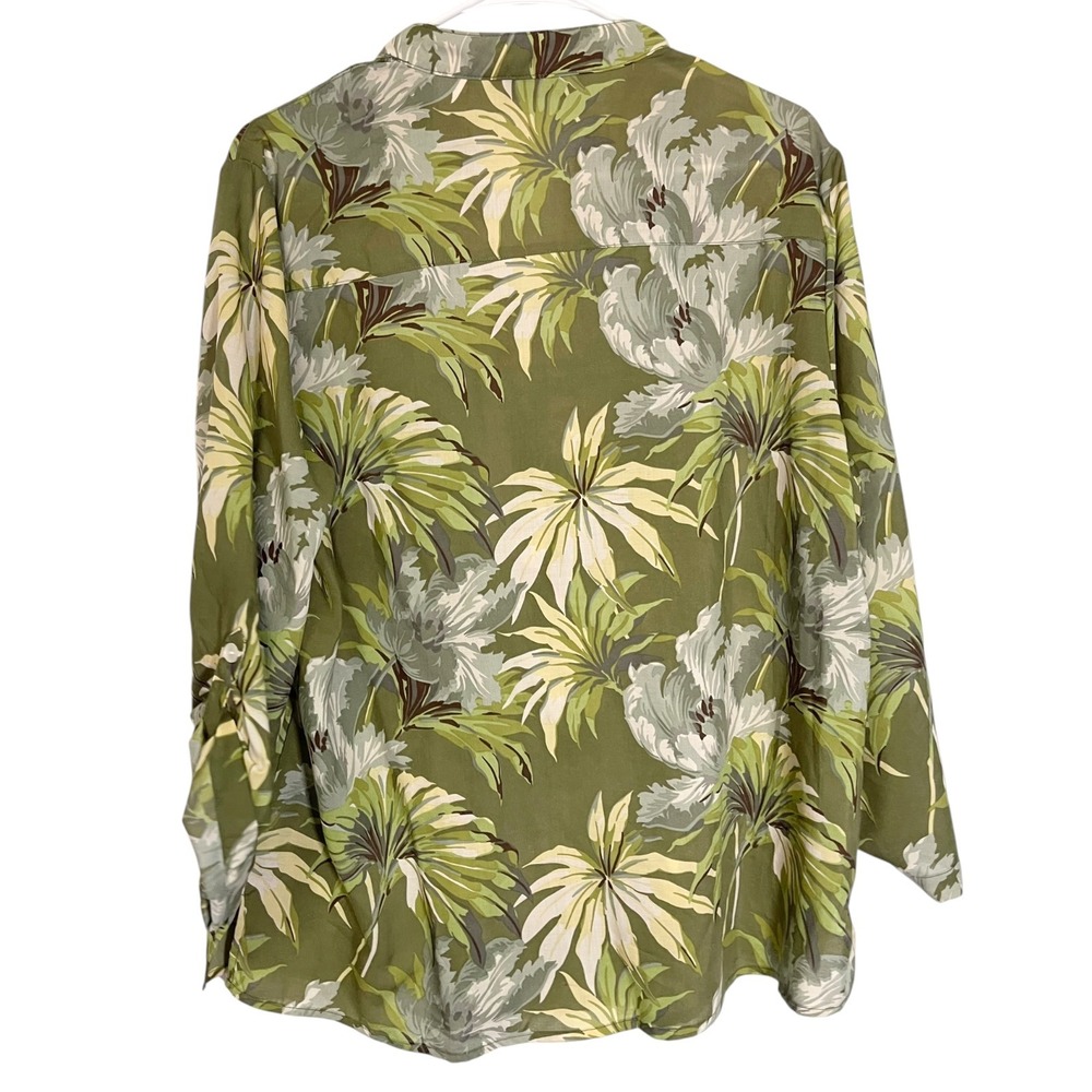 Draper's & Damon's XL Green Tropical Blouse Pleated Roll Tab Palm Leaf Coastal